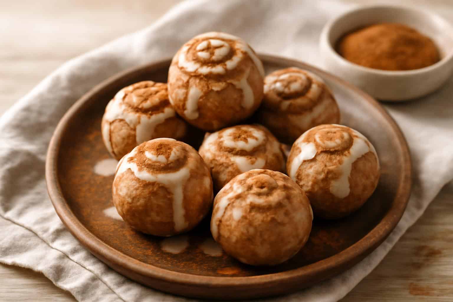 Close-up of cinnamon roll protein bites with cinnamon sprinkle and glaze in natural light