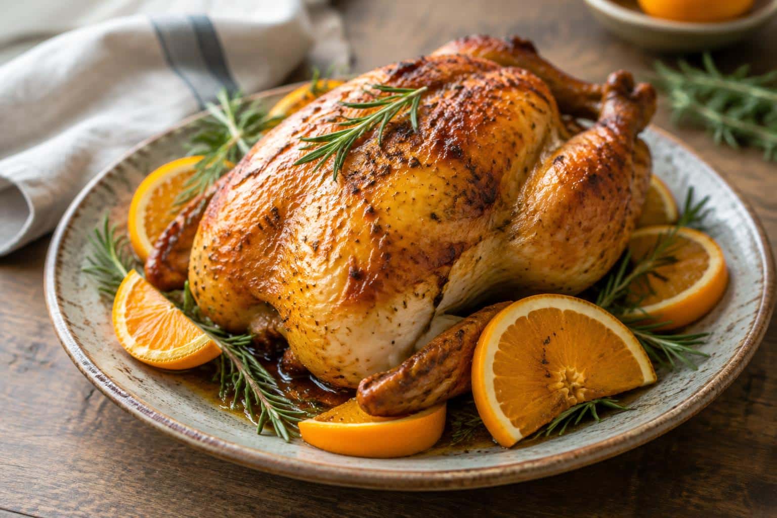 Juicy citrusy roasted orange chicken garnished with fresh orange slices and rosemary
