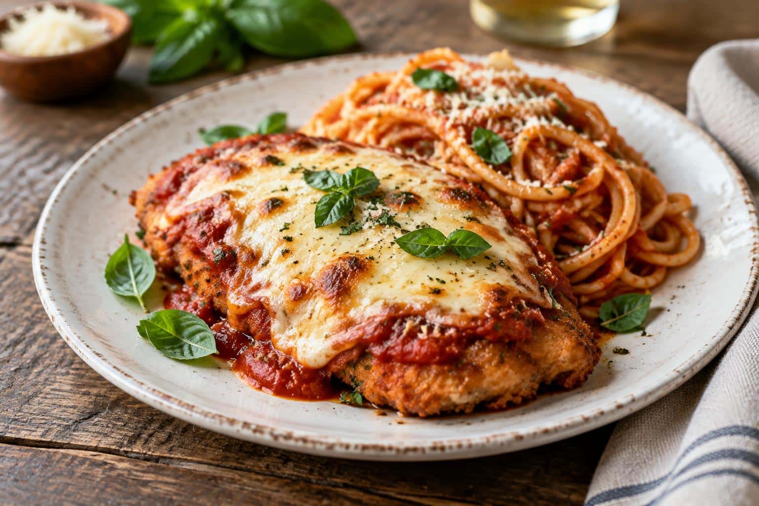 Baked chicken parmesan topped with melted cheese and marinara sauce garnished with basil