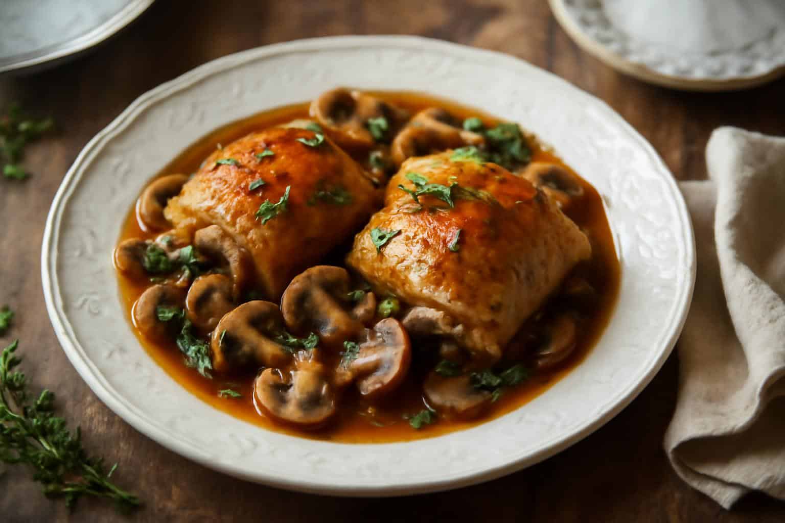 Plate of chicken chasseur with mushrooms and herbs in rich cognac sauce