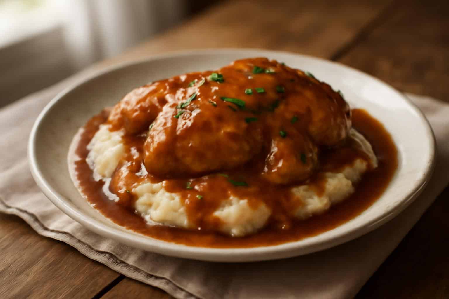 Plate of chicken and gravy over mashed potatoes garnished with parsley