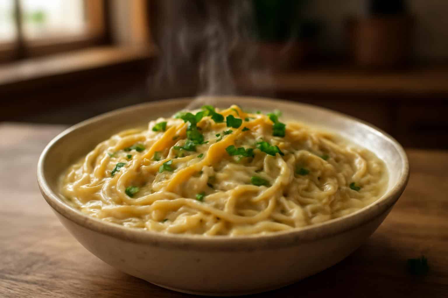 Classic crockpot chicken spaghetti served in a rustic bowl with cheese and parsley garnish