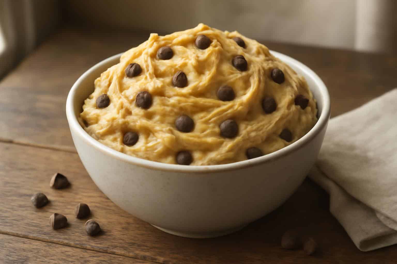 Close-up of classic edible cookie dough with chocolate chips in a bowl, showcasing creamy texture