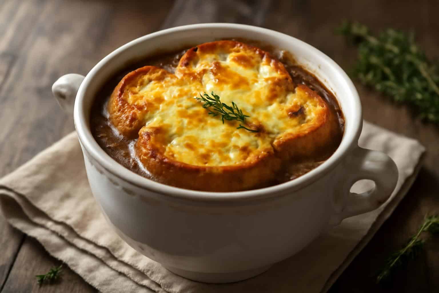 Classic French onion soup with melted cheese and toasted bread garnished with thyme