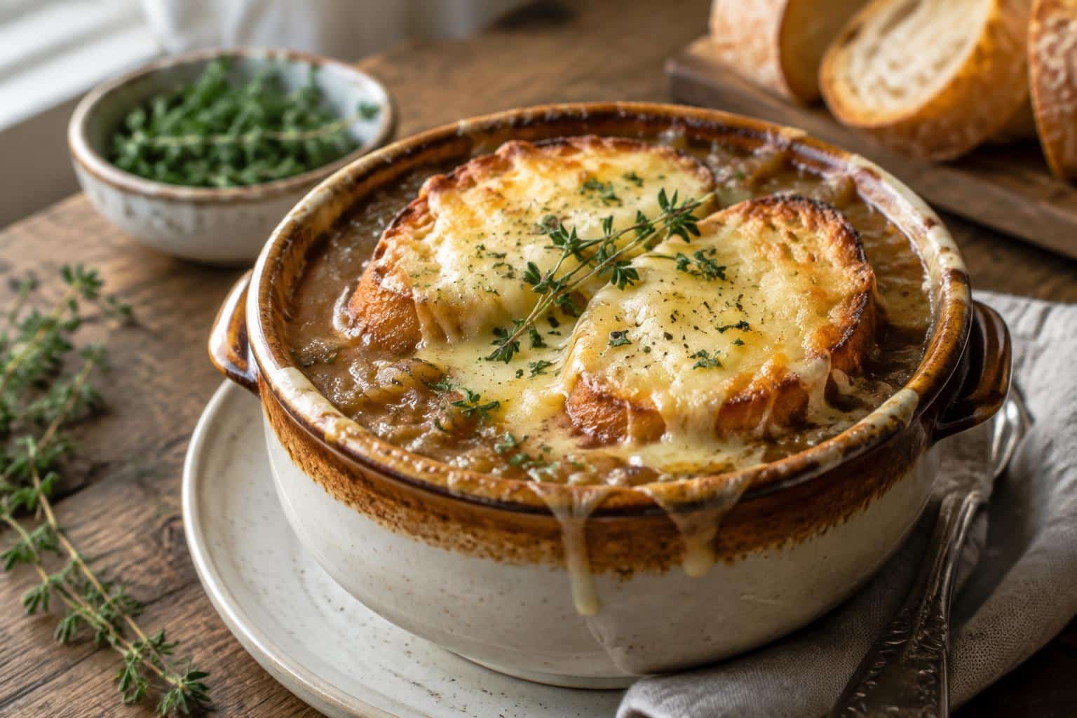 A bowl of classic french onion soup with caramelized onions and melted cheese on toasted bread