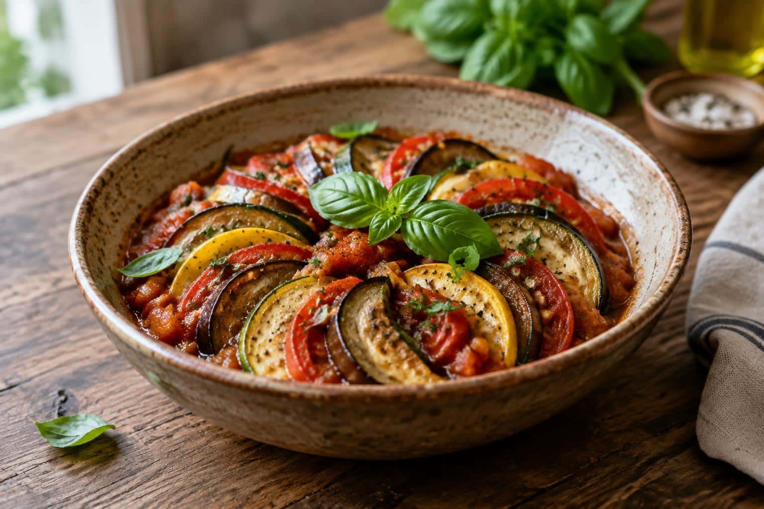 Classic ratatouille recipe served in a bowl garnished with fresh basil, vibrant vegetable stew