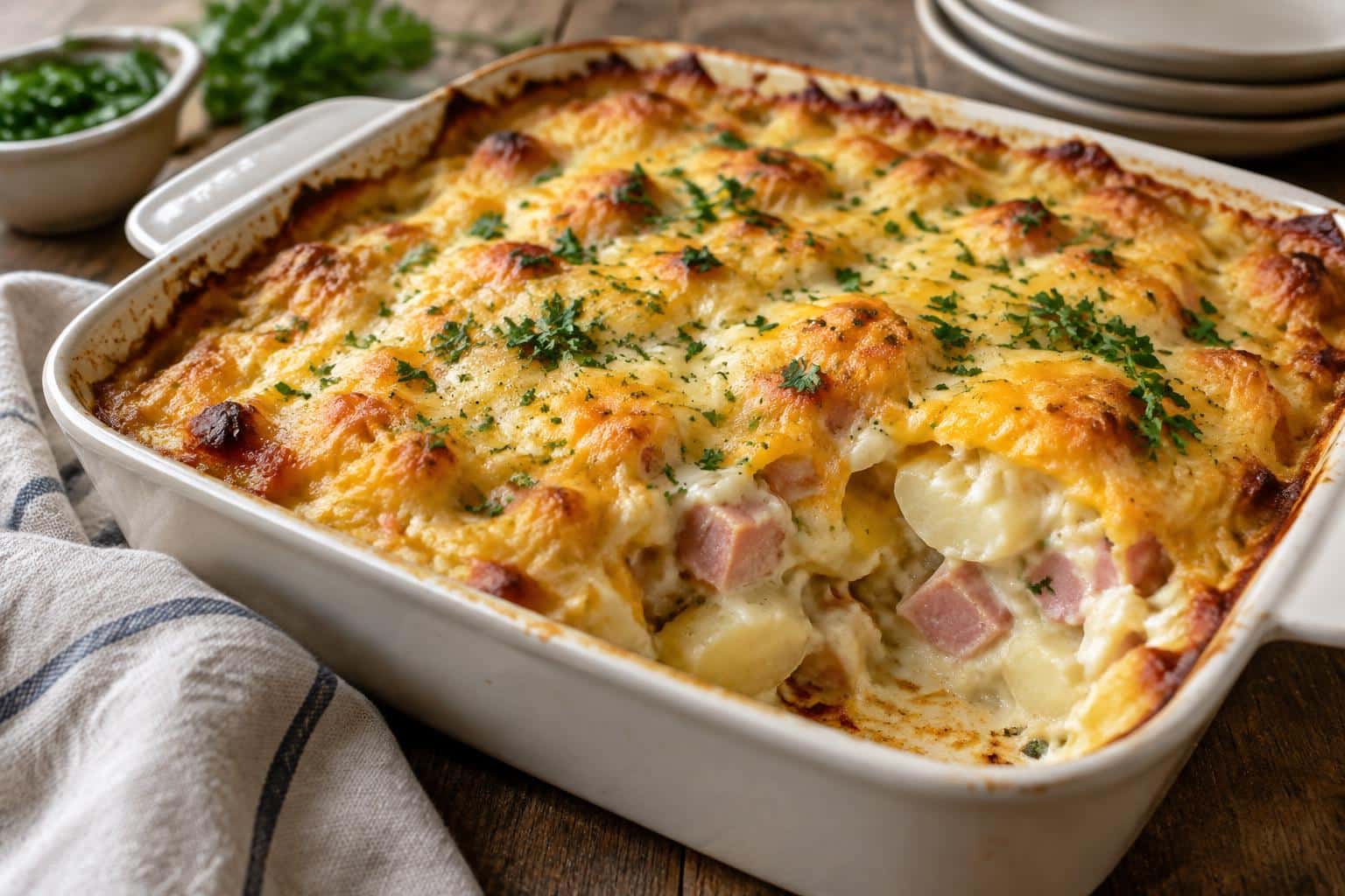 Golden baked ham and potato casserole with melted cheese and parsley garnish