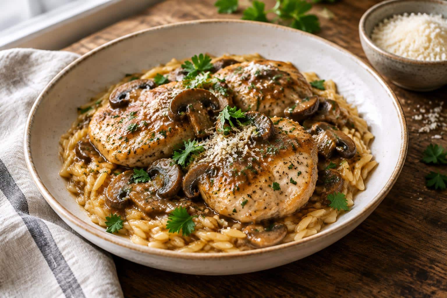 Classic marsala chicken orzo with tender chicken and rich sauce garnished with parsley