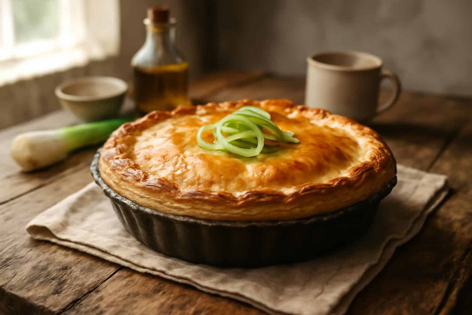 Golden baked Mary Berry chicken and leek pie with fresh leek garnish
