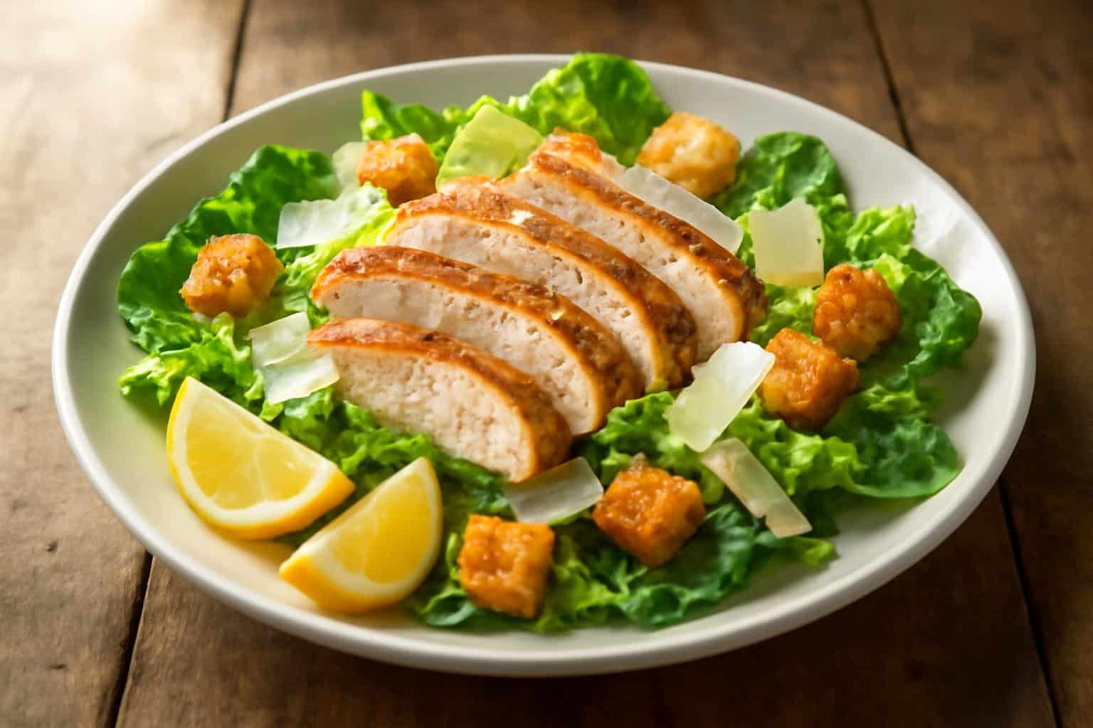 Fresh salade césar au poulet with grilled chicken, Parmesan, and croutons on romaine lettuce