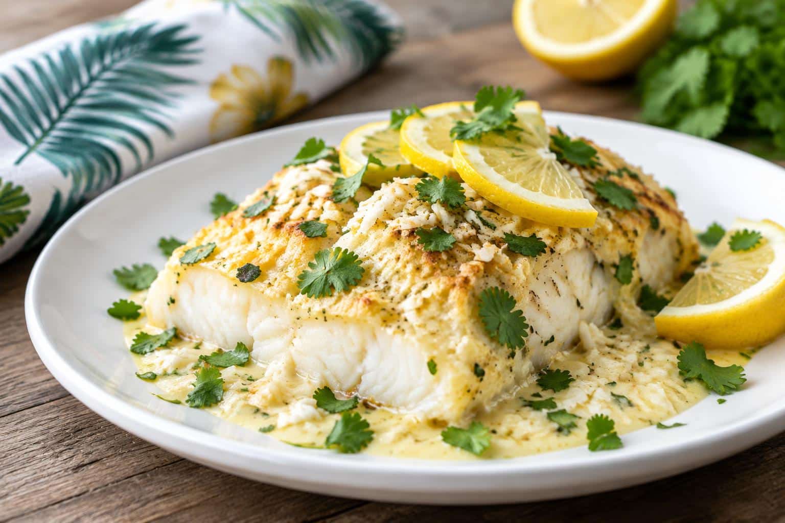 Baked cod recipe with creamy coconut lemon sauce garnished with lemon slices and cilantro