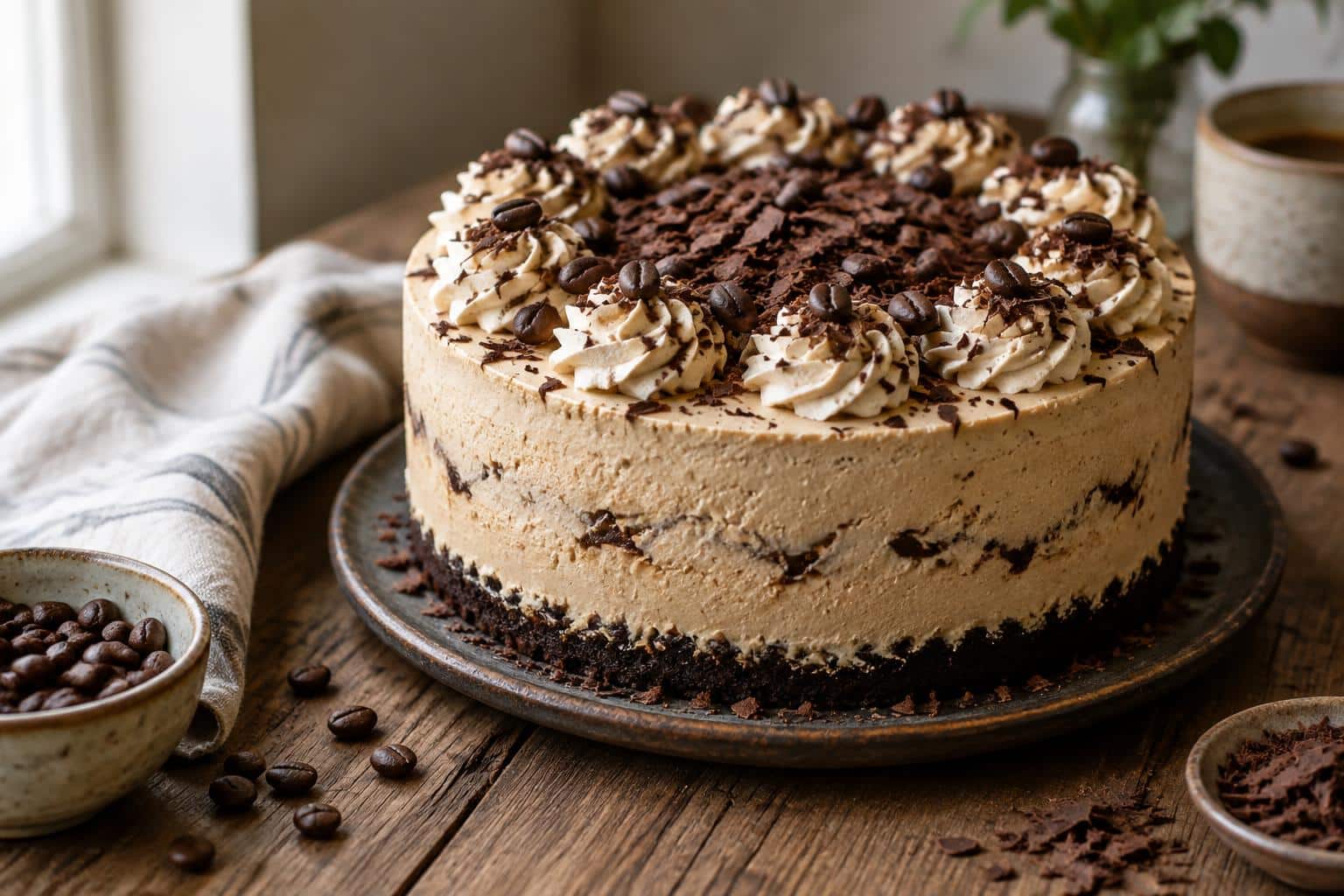 Close-up of a coffee ice cream cake garnished with chocolate shavings and coffee beans in natural light