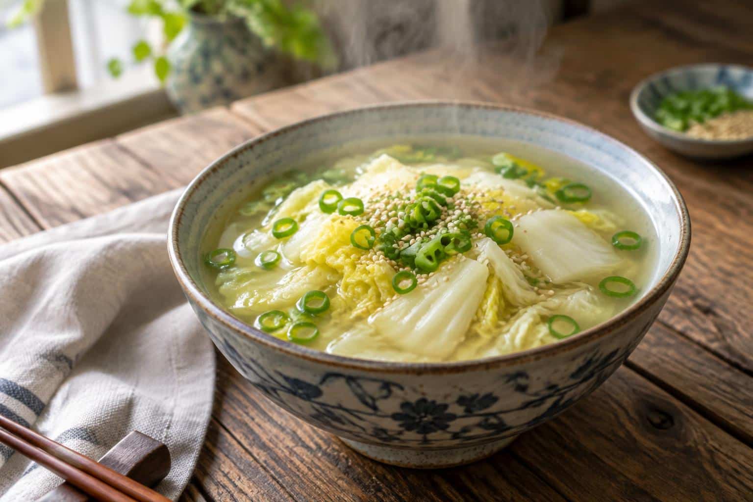 bowl of Chinese cabbage soup garnished with green onions and sesame seeds