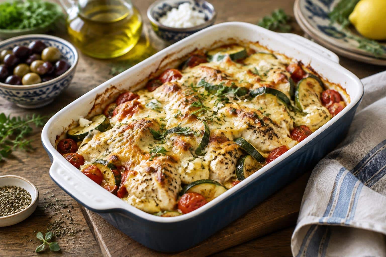 Mediterranean chicken bake with zucchini and herbs fresh from the oven, golden cheese topping