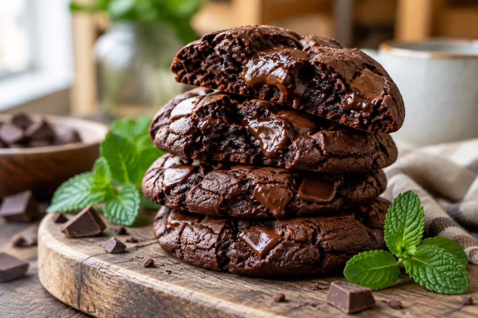 Fudgy cookies façon brownie stacked on wooden board with chocolate chunks and mint garnish
