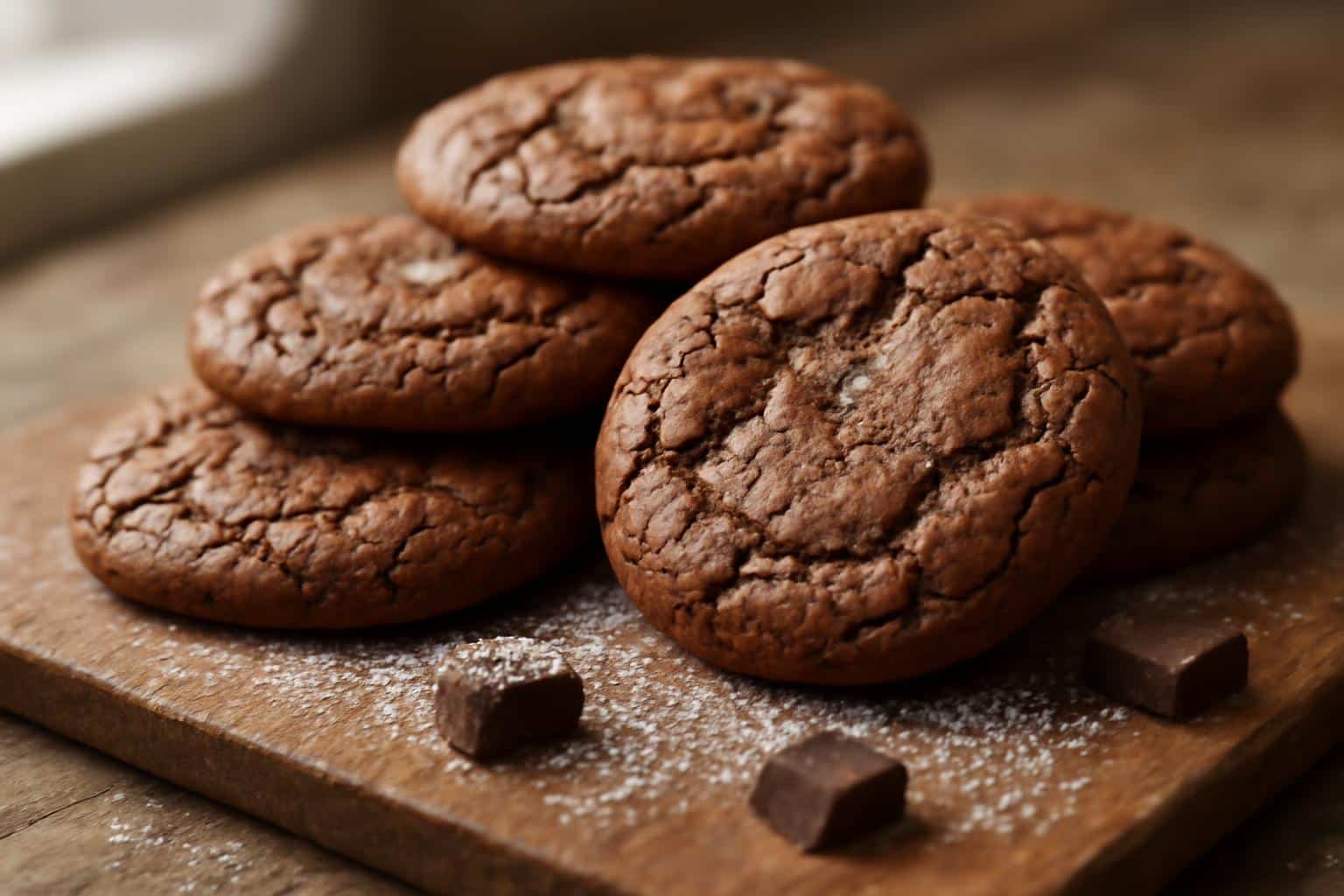 Freshly baked cookies façon brownie with fudgy texture and cracked tops on rustic wooden board