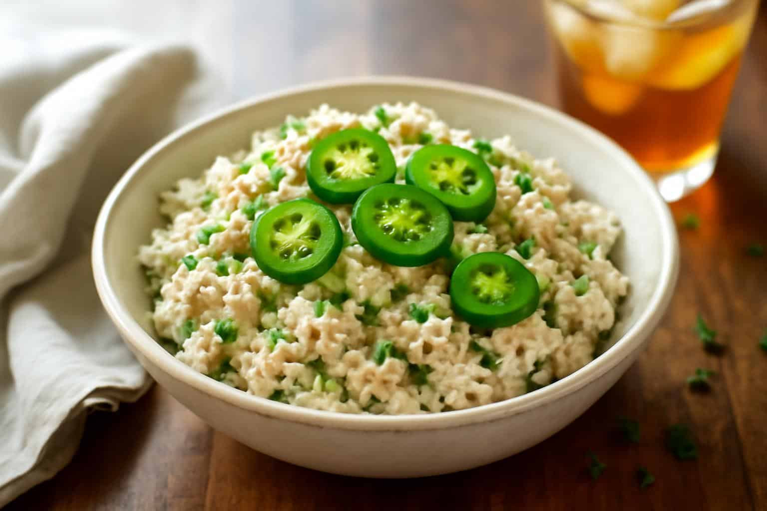 Copycat jalapeño hollychicken salad served in a bowl garnished with jalapeño slices and herbs