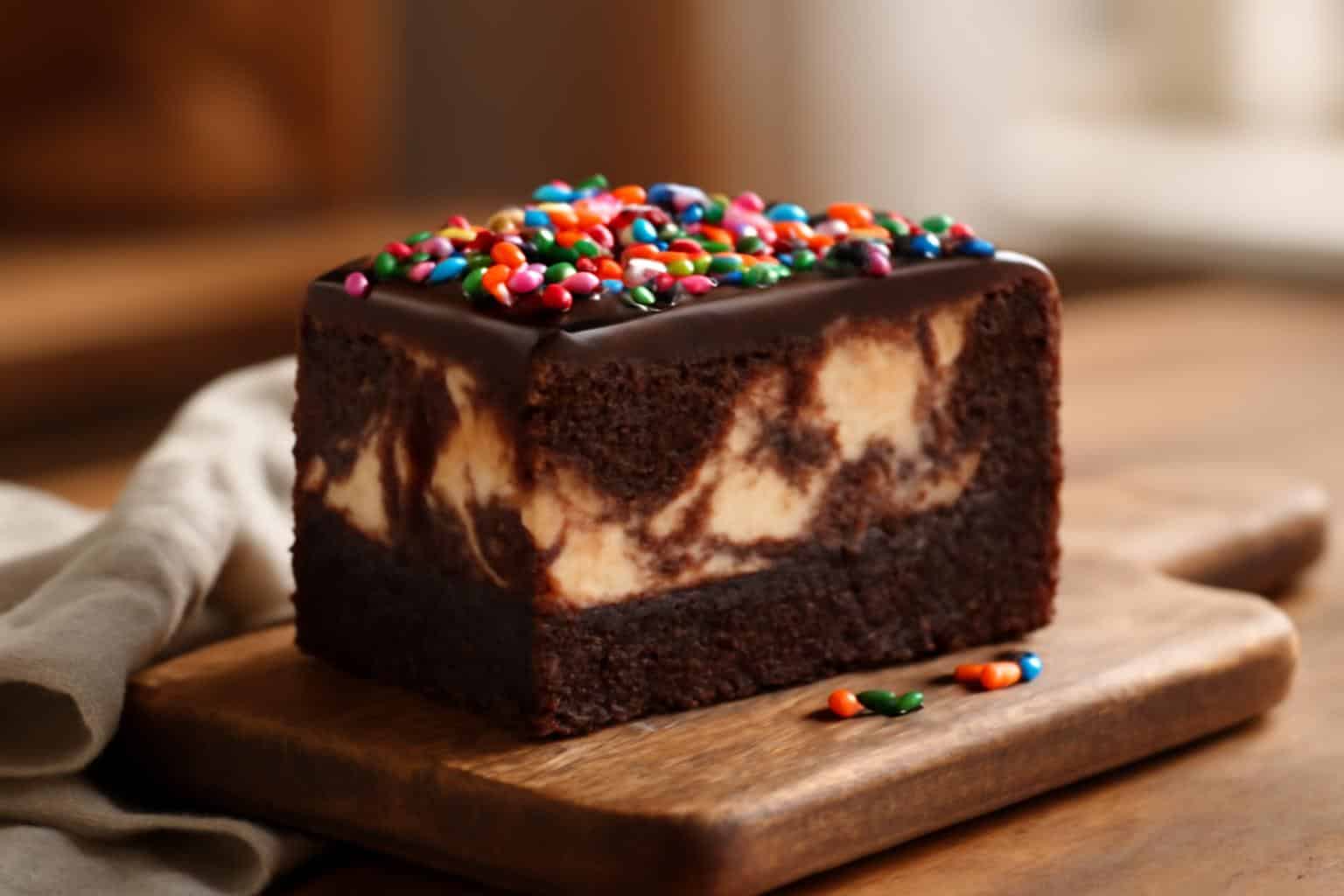 Slice of cosmic brownie cheesecake with colorful sprinkles and marbled layers in natural light