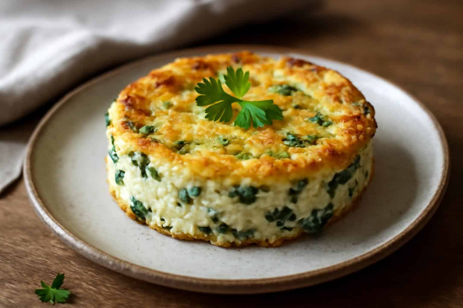 Golden crustless quiche with cottage cheese and spinach on a rustic plate, garnished with parsley