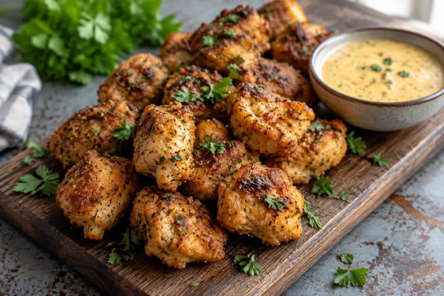 Golden crispy cowboy butter chicken bites garnished with parsley and creamy dipping sauce