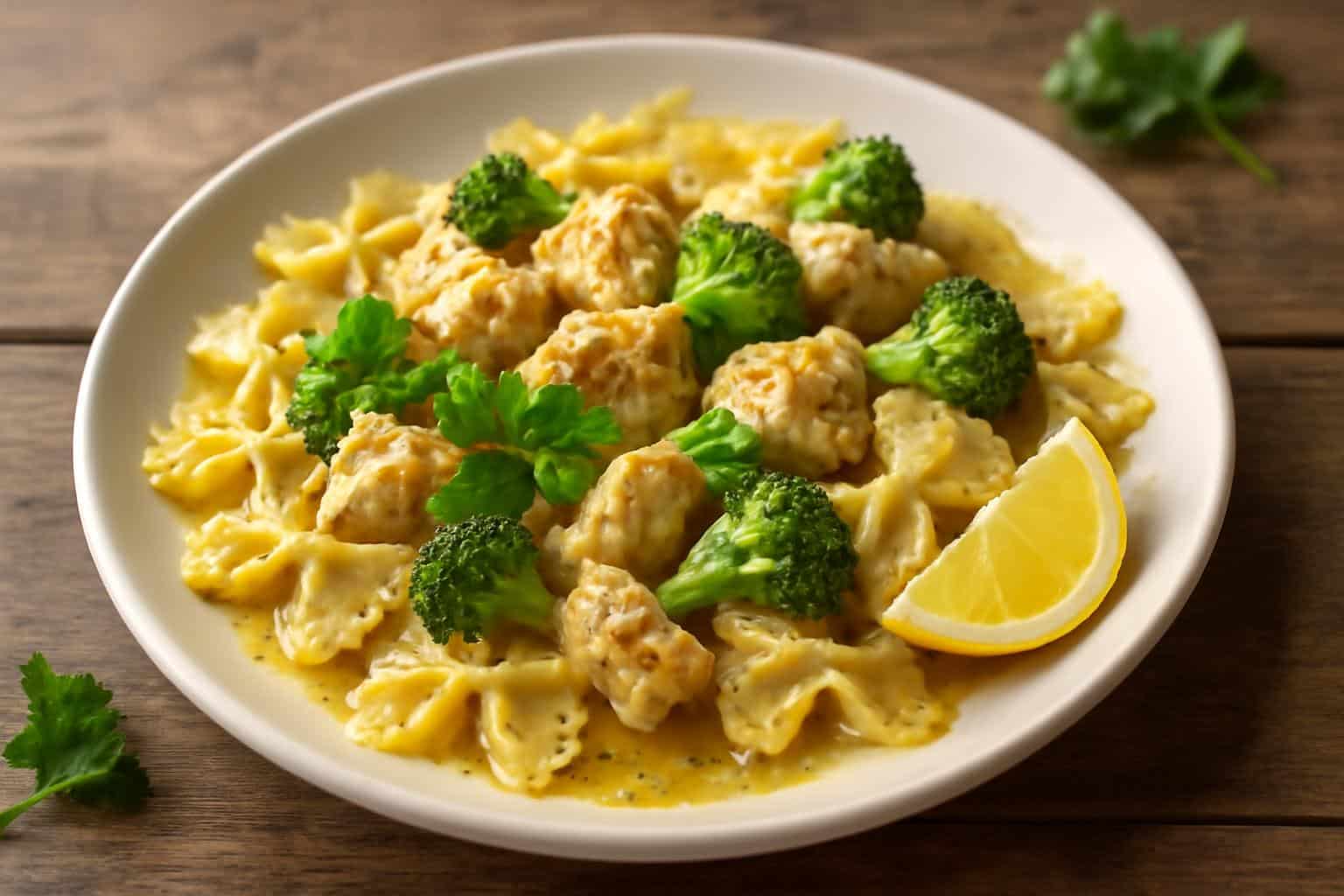 Bowtie chicken broccoli pasta with cowboy butter sauce garnished with parsley and lemon