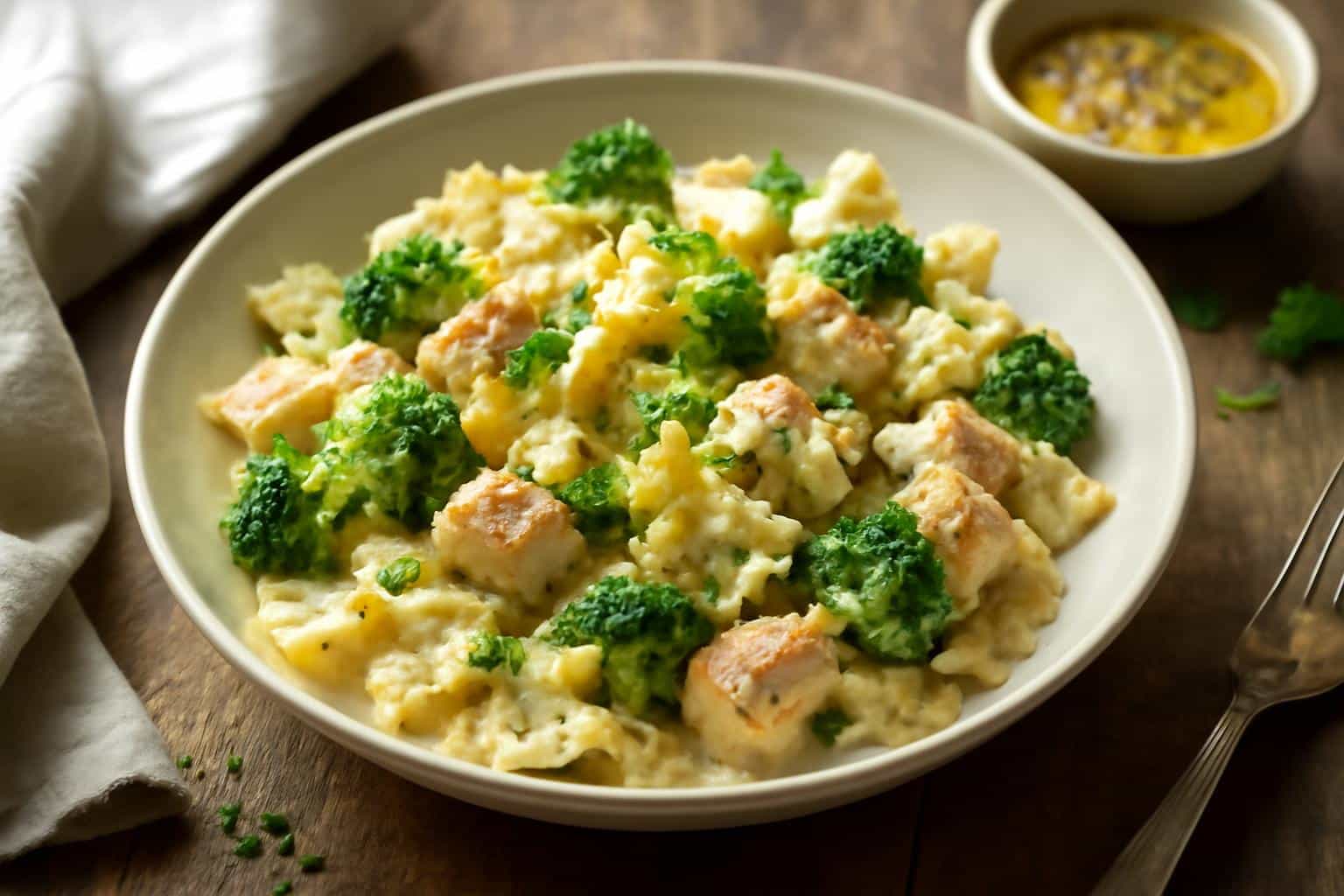 Cowboy butter lemon bowtie chicken and broccoli pasta garnished with parsley and lemon zest