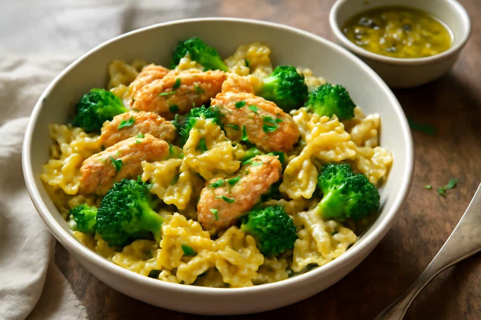 cowboy butter pasta with lemon chicken and broccoli in a bowl garnished with parsley and lemon zest