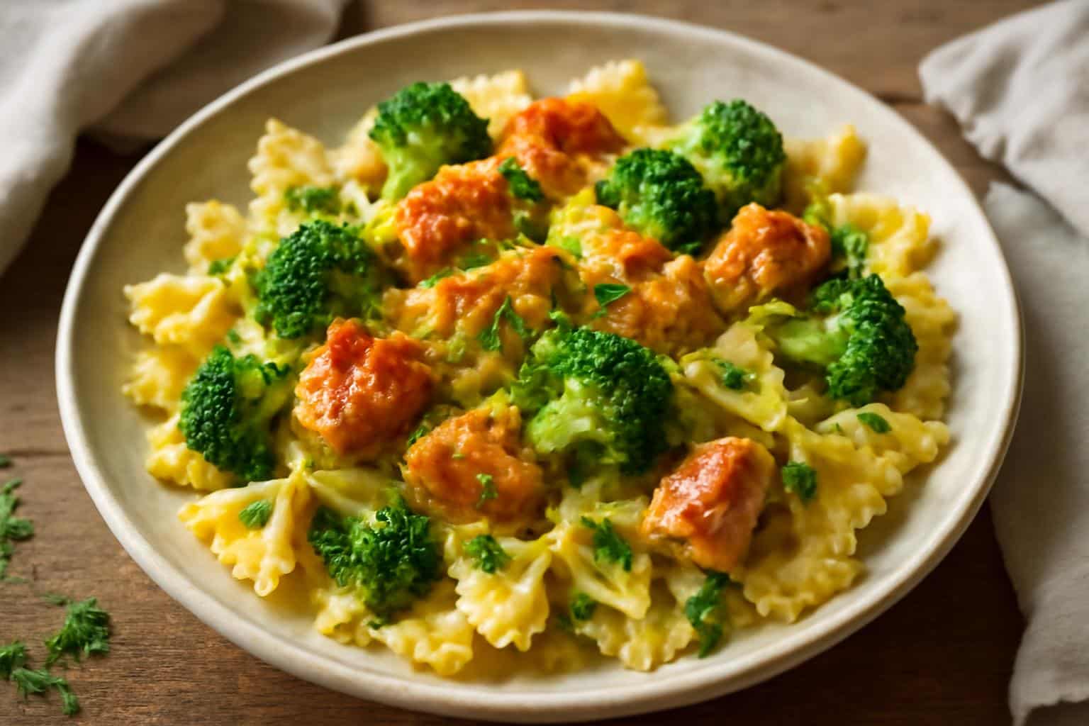 cowboy butter pasta with lemon bowtie chicken and broccoli on a rustic plate