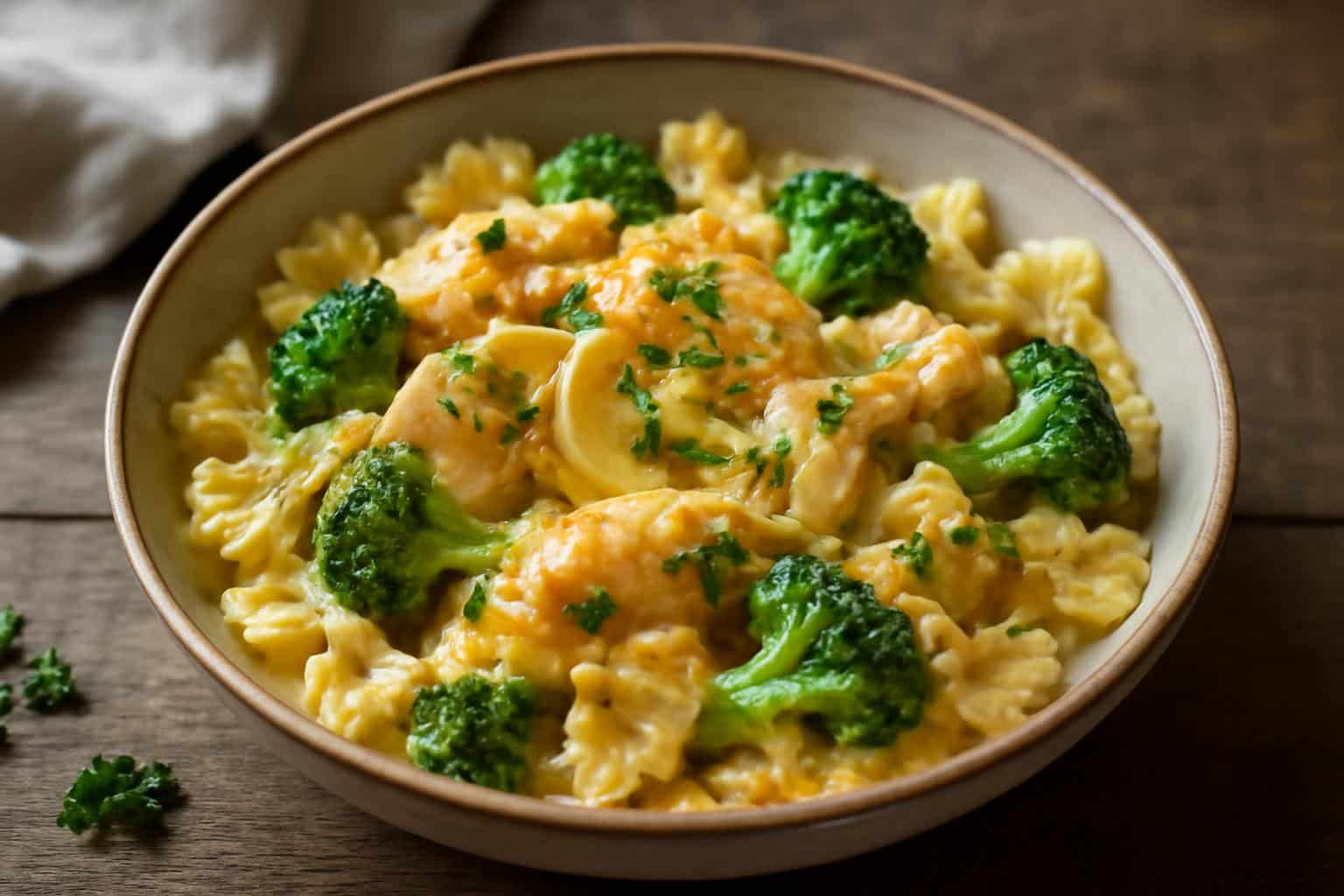 Lemon bowtie chicken pasta with broccoli in cowboy butter sauce garnished with parsley
