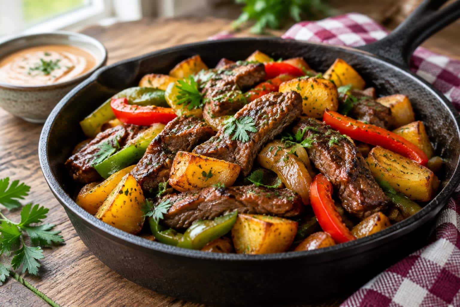 Cowboy stir fry with steak, potatoes, and peppers in a cast iron skillet