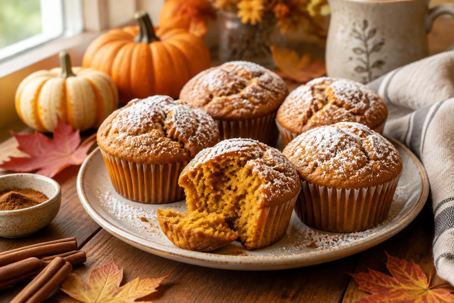freshly baked autumn baking pumpkin muffins with fall spices and powdered sugar