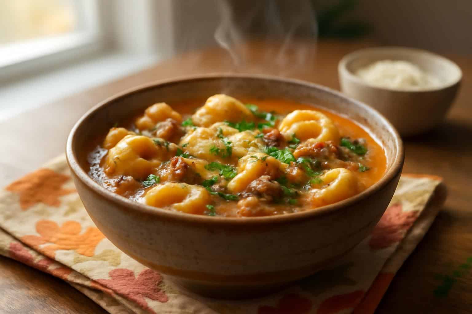 Cozy autumn tortellini soup with sausage garnished with parsley and Parmesan