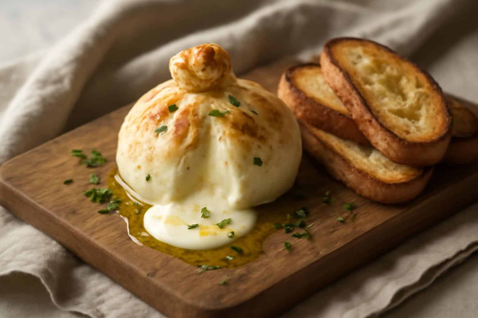 Creamy baked burrata appetizer with melted cheese and herb garnish