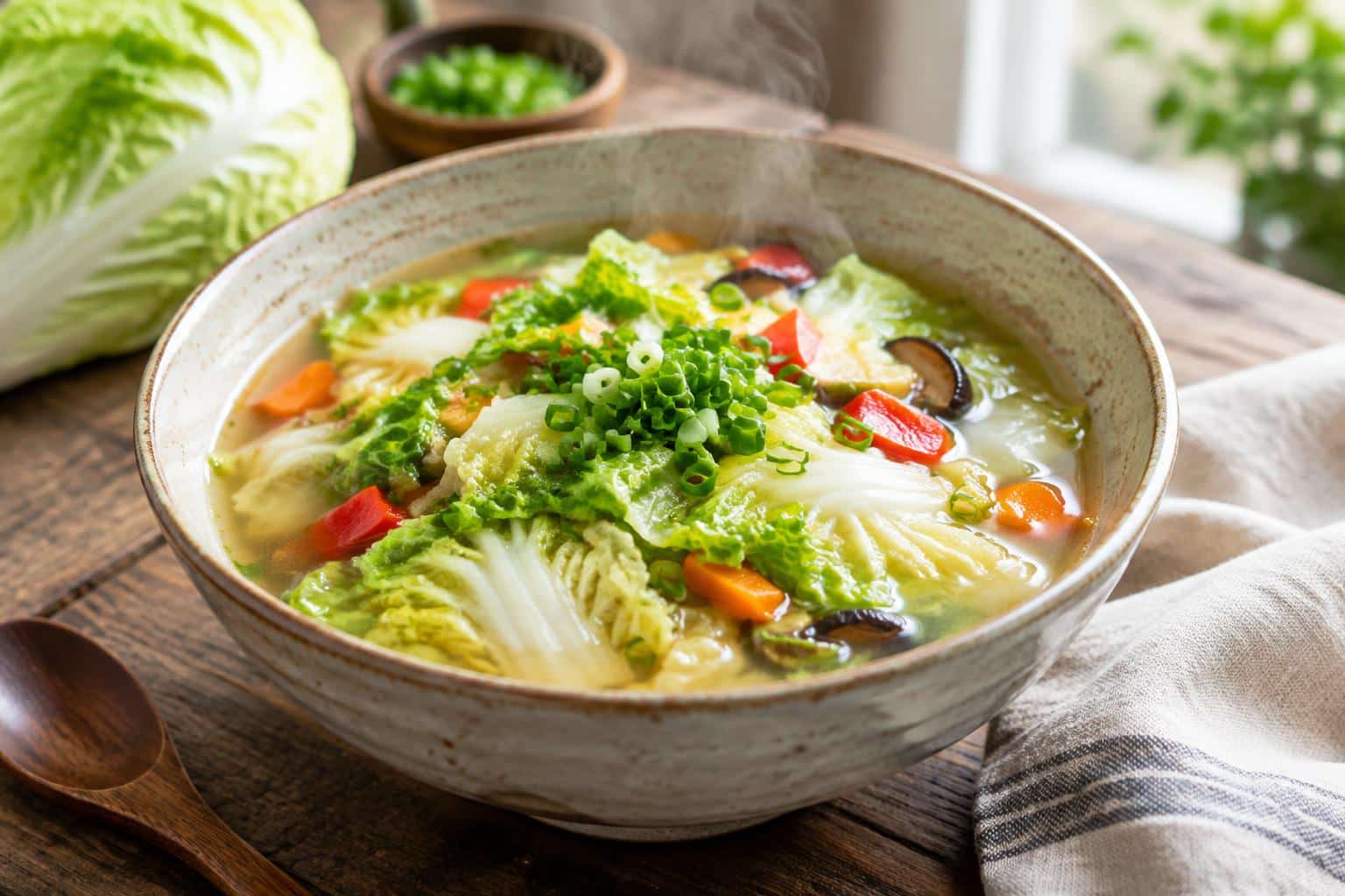 Steaming bowl of flavorful Chinese cabbage soup with fresh vegetables and chopped scallions