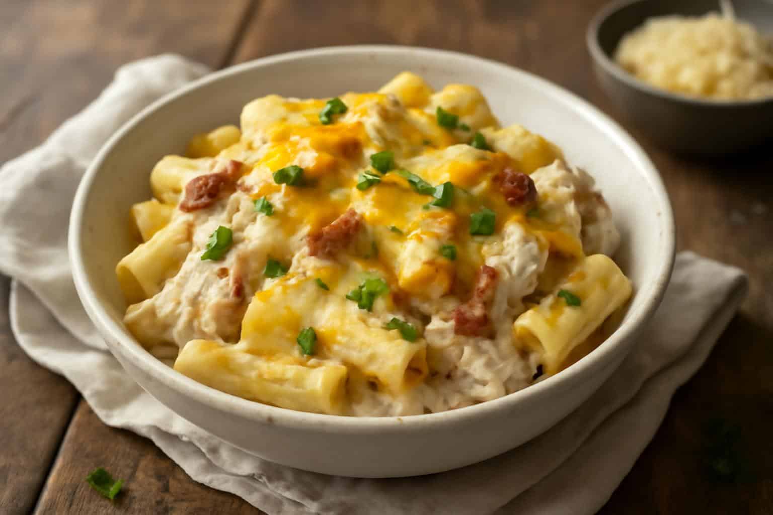 Creamy crack chicken pasta bake garnished with parsley and melted cheese on rustic wooden table