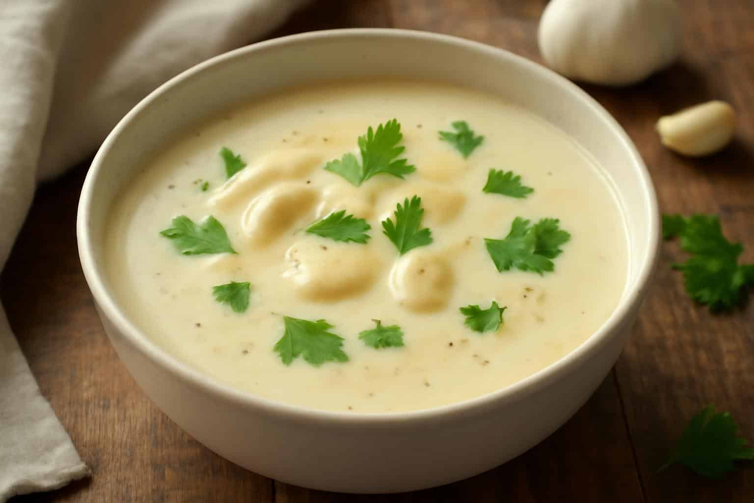 Creamy French garlic soup garnished with fresh parsley in a rustic bowl, showcasing the french garlic soup.