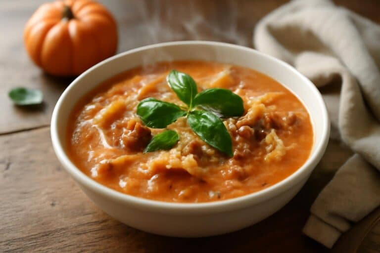A bowl of cozy creamy lasagna soup garnished with basil and Parmesan cheese
