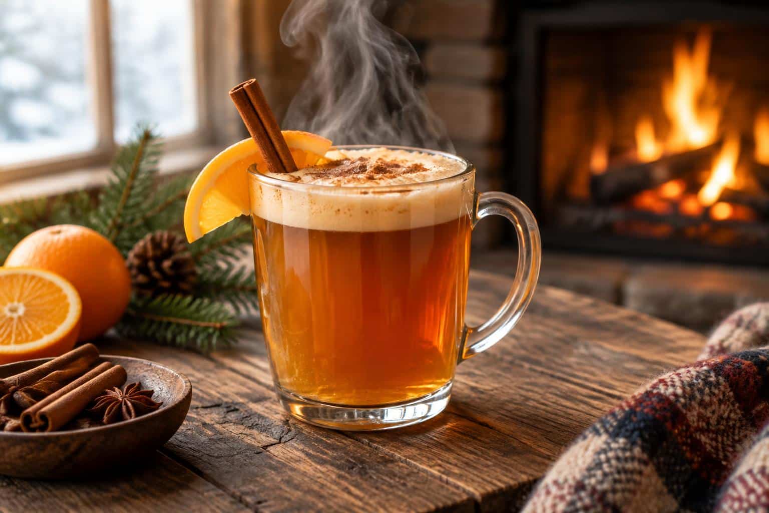 Glass mug of cozy fireside mocktail with cinnamon and orange garnish on wooden table