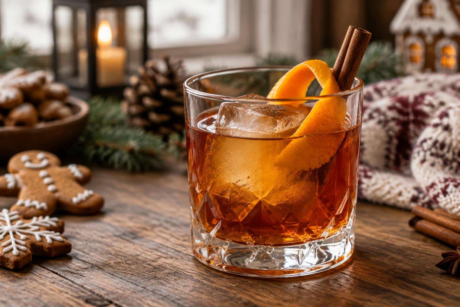 Gingerbread old fashioned cocktail in a rocks glass with orange twist and cinnamon stick garnish