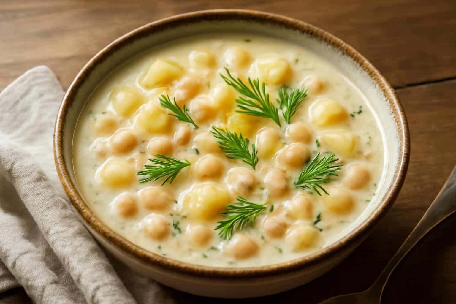 Creamy lemon dill soup with white beans and potatoes garnished with fresh dill