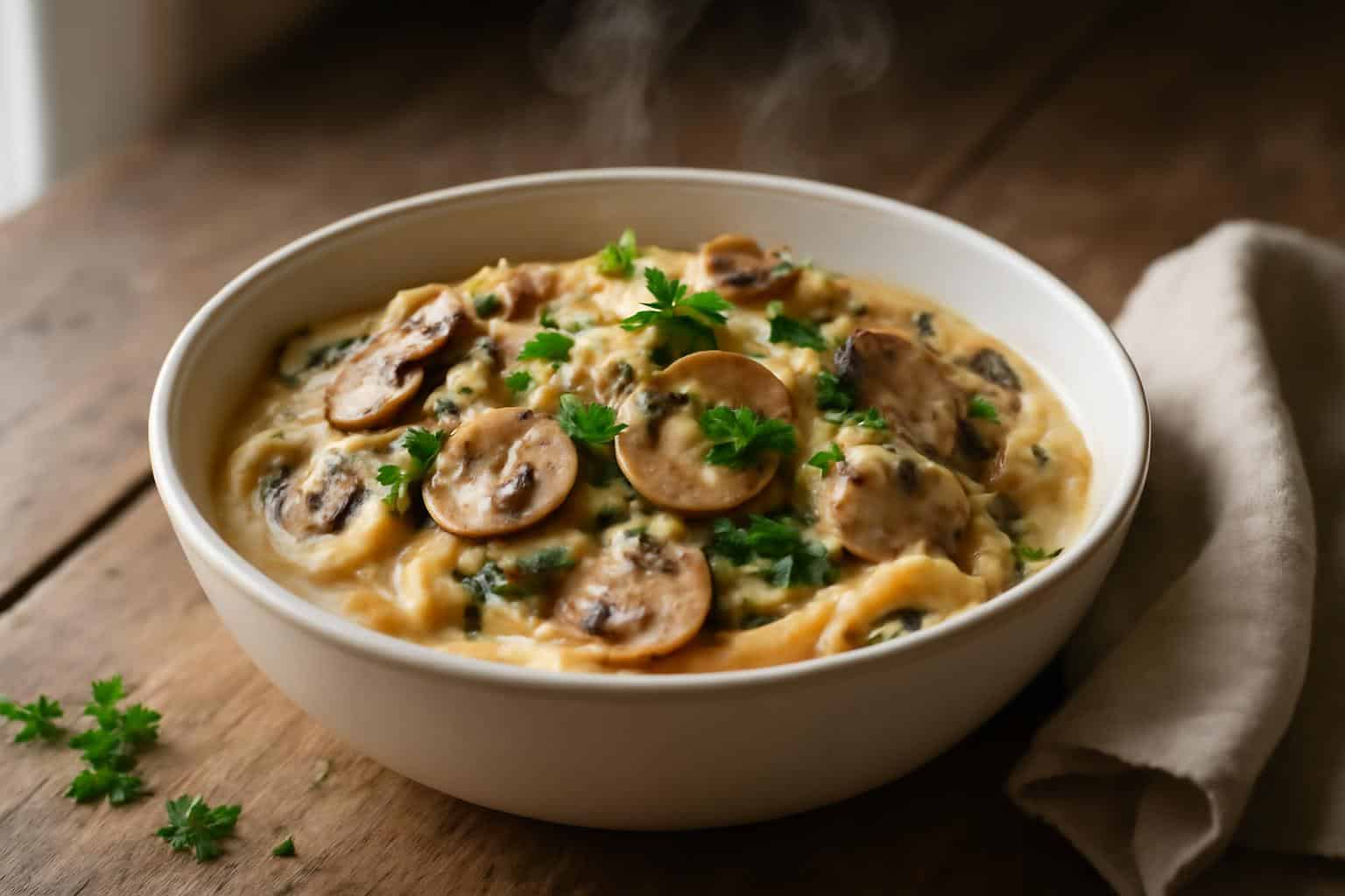 Creamy Tuscan mushroom pasta garnished with parsley and Parmesan cheese
