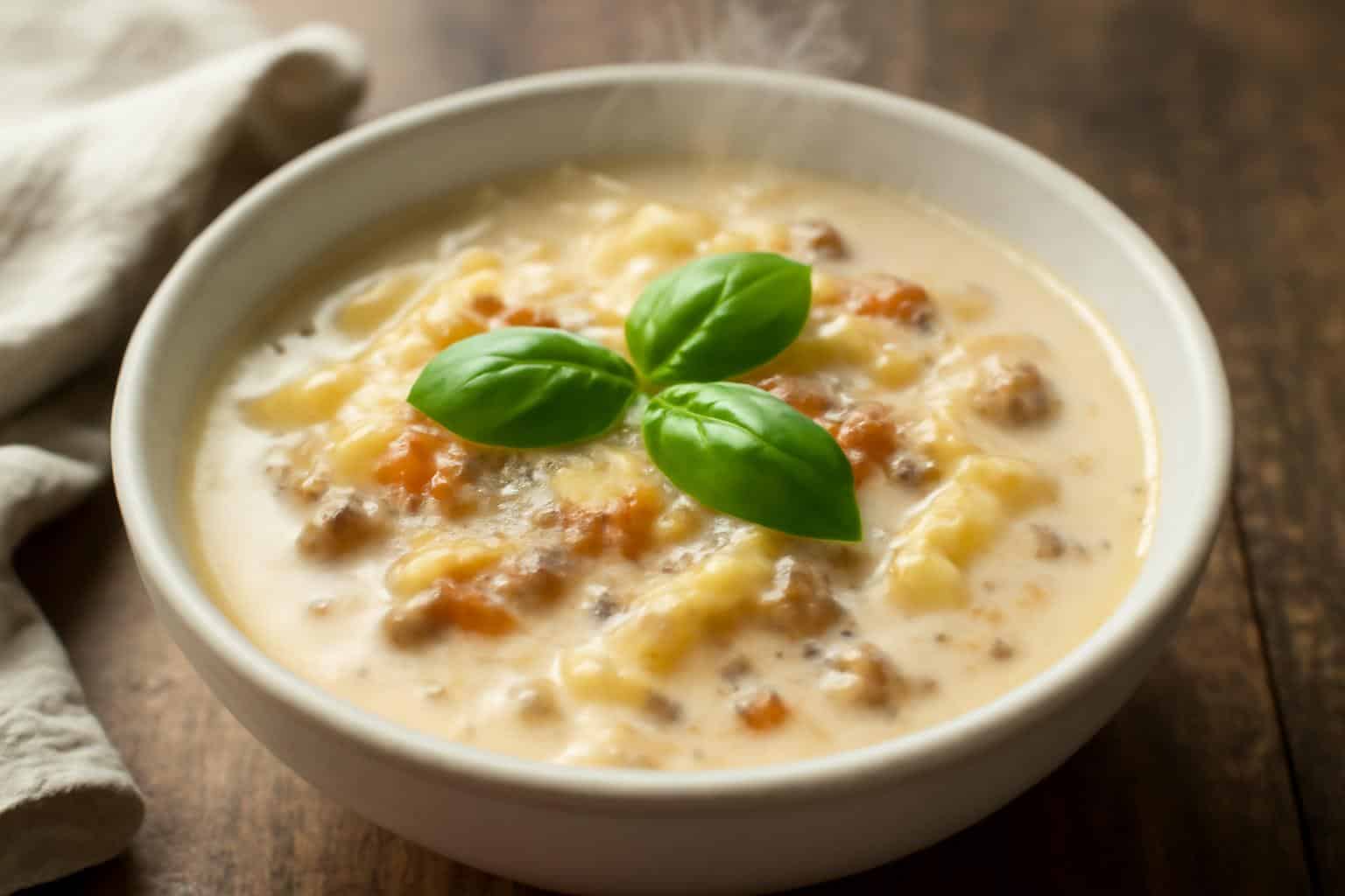 A bowl of creamy white lasagna soup garnished with basil and Parmesan cheese, showcasing the white lasagna soup