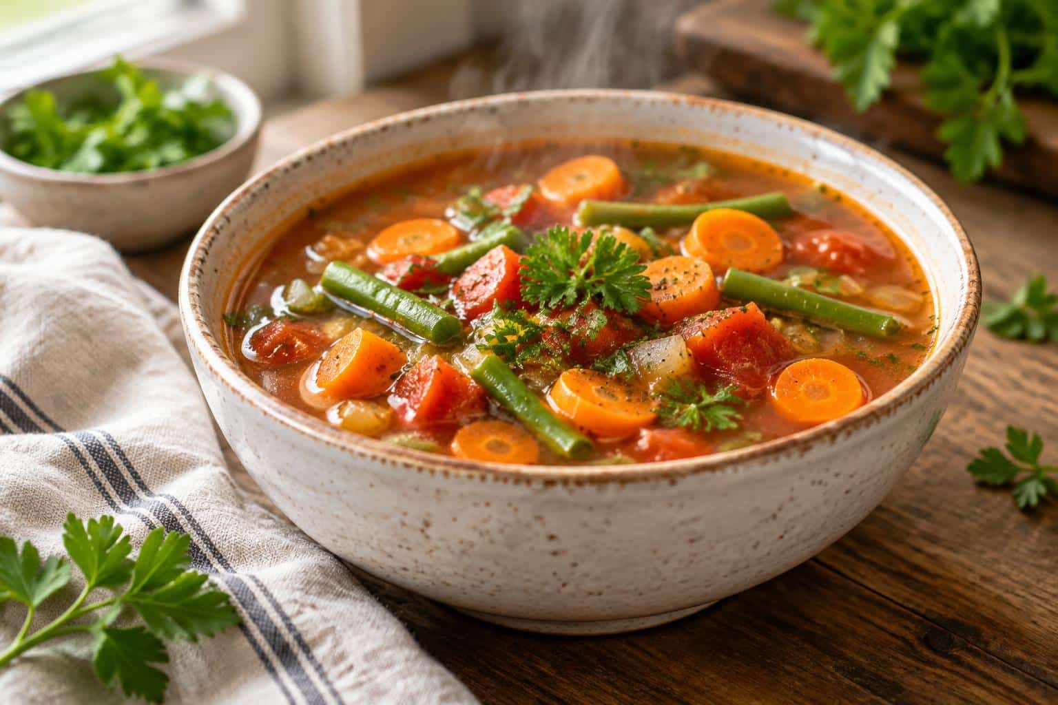 Bowl of zero point vegetable soup with fresh herbs in natural light