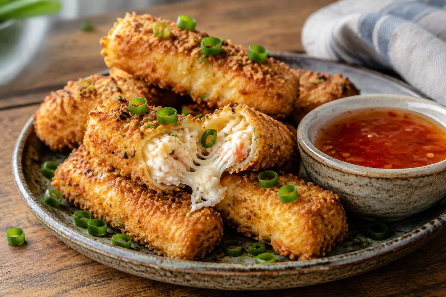 Crispy crab rangoon mozzarella sticks with sweet chili sauce and green onion garnish, crab rangoon mozzarella sticks