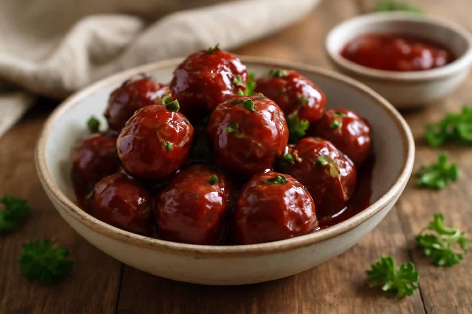 Cranberry BBQ crockpot meatballs garnished with parsley in rustic bowl