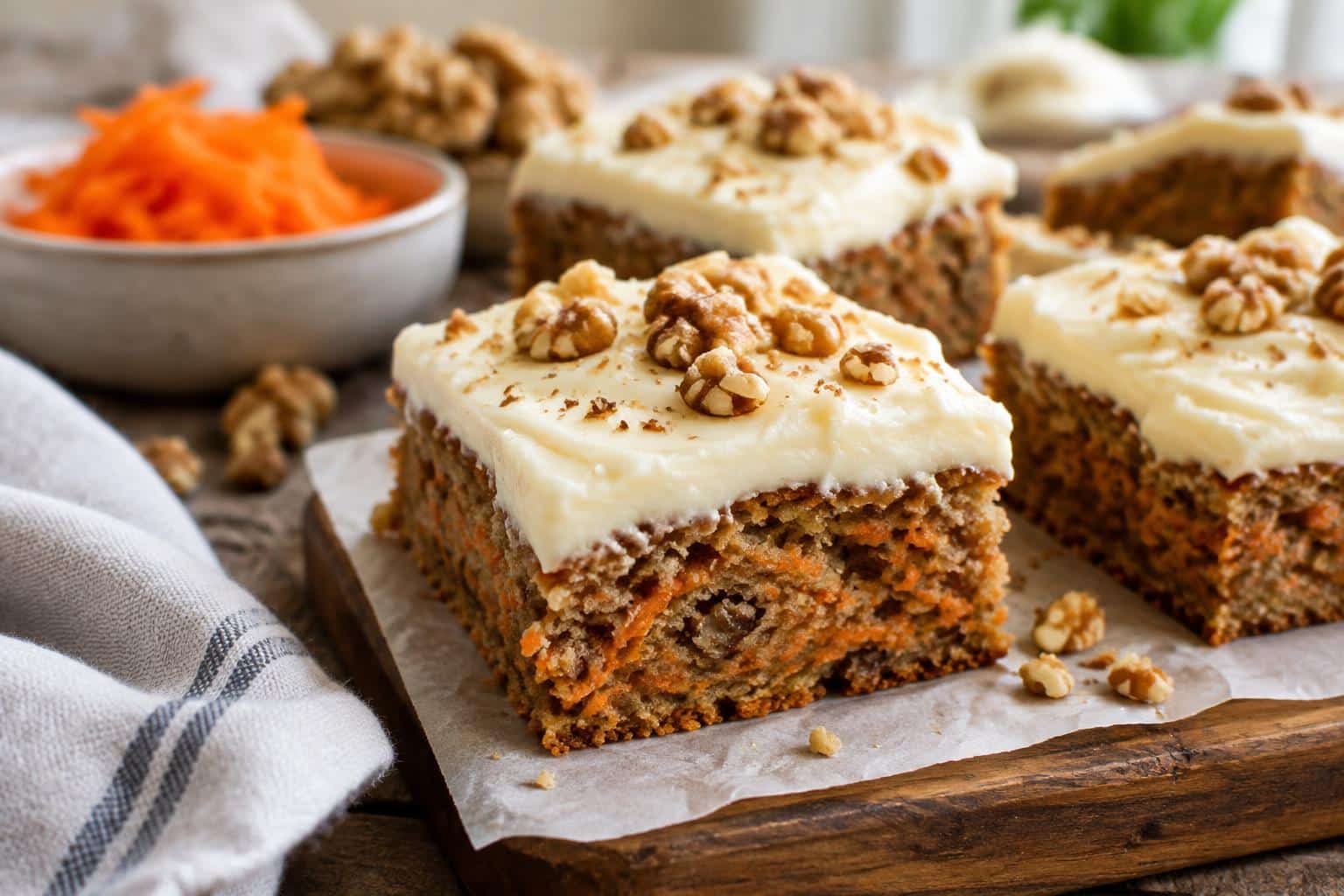 Cream cheese bars that taste like perfect carrot cake topped with frosting and walnuts