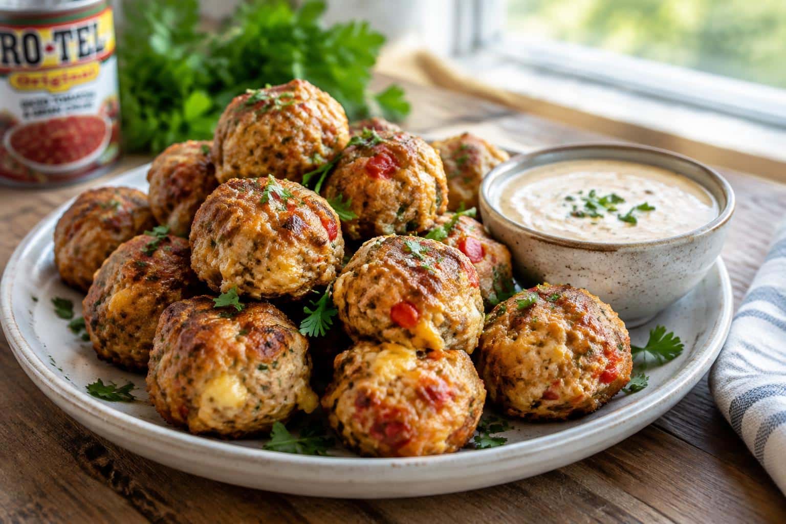 Golden baked cream cheese sausage balls with Rotel on rustic plate garnished with parsley