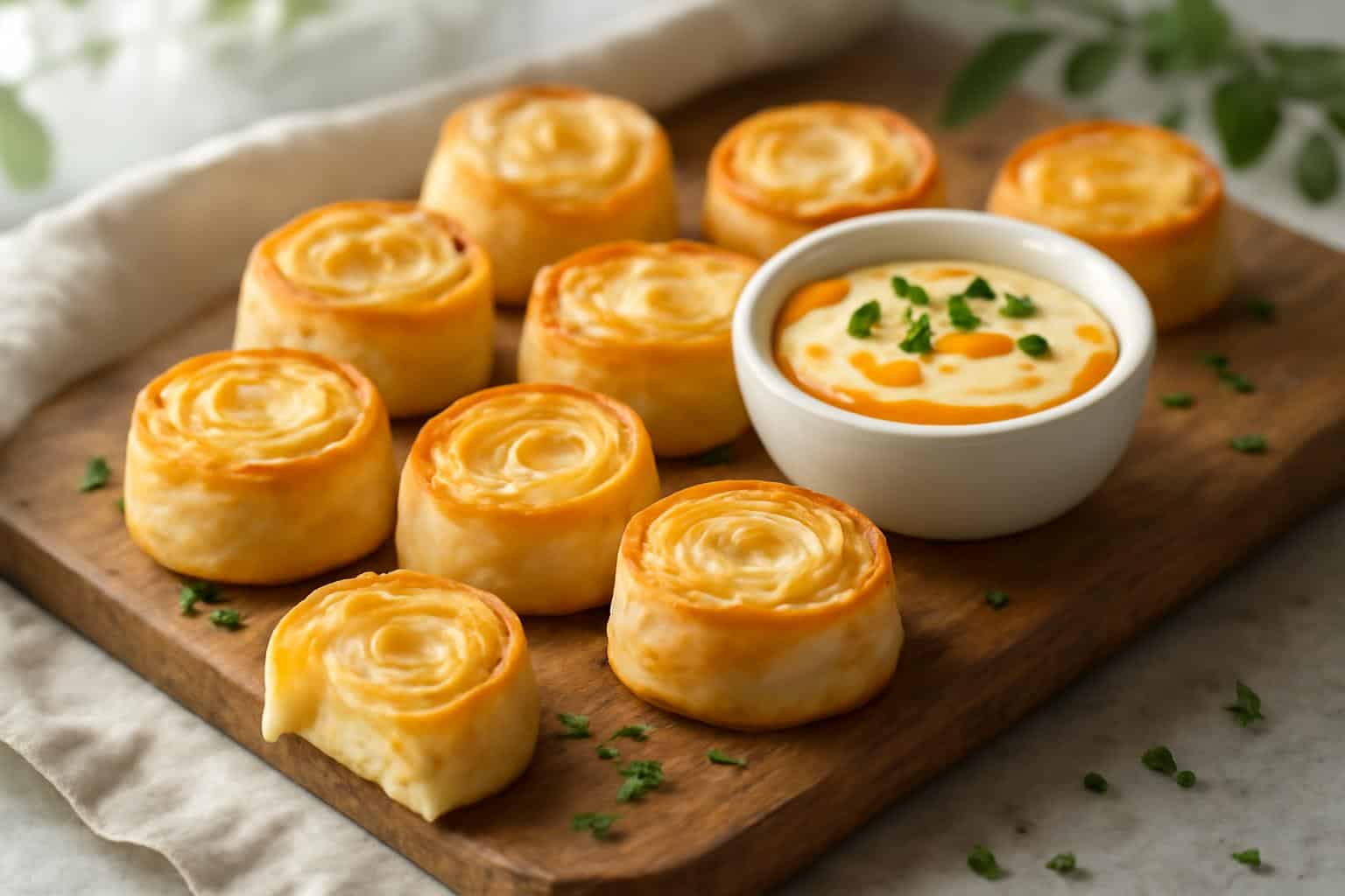 Golden baked cream cheese tortilla bites with hot honey cream cheese dip garnished with chives