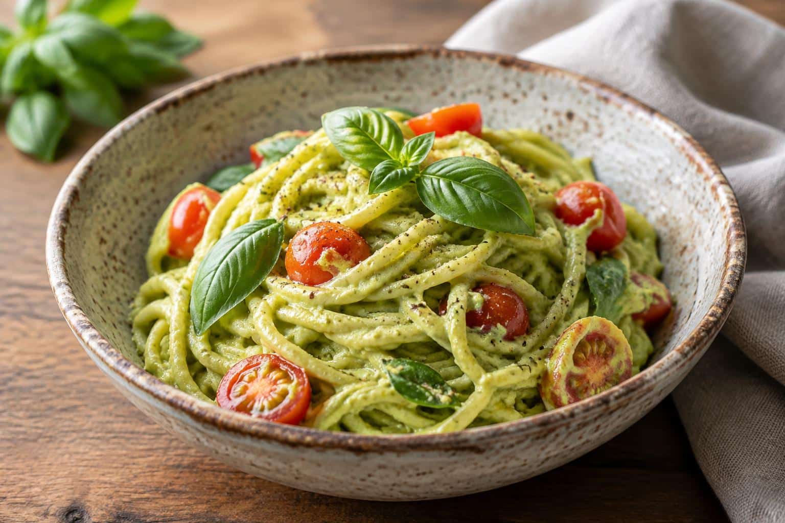 Creamy 15 minute avocado pasta in rustic bowl garnished with fresh basil and tomatoes
