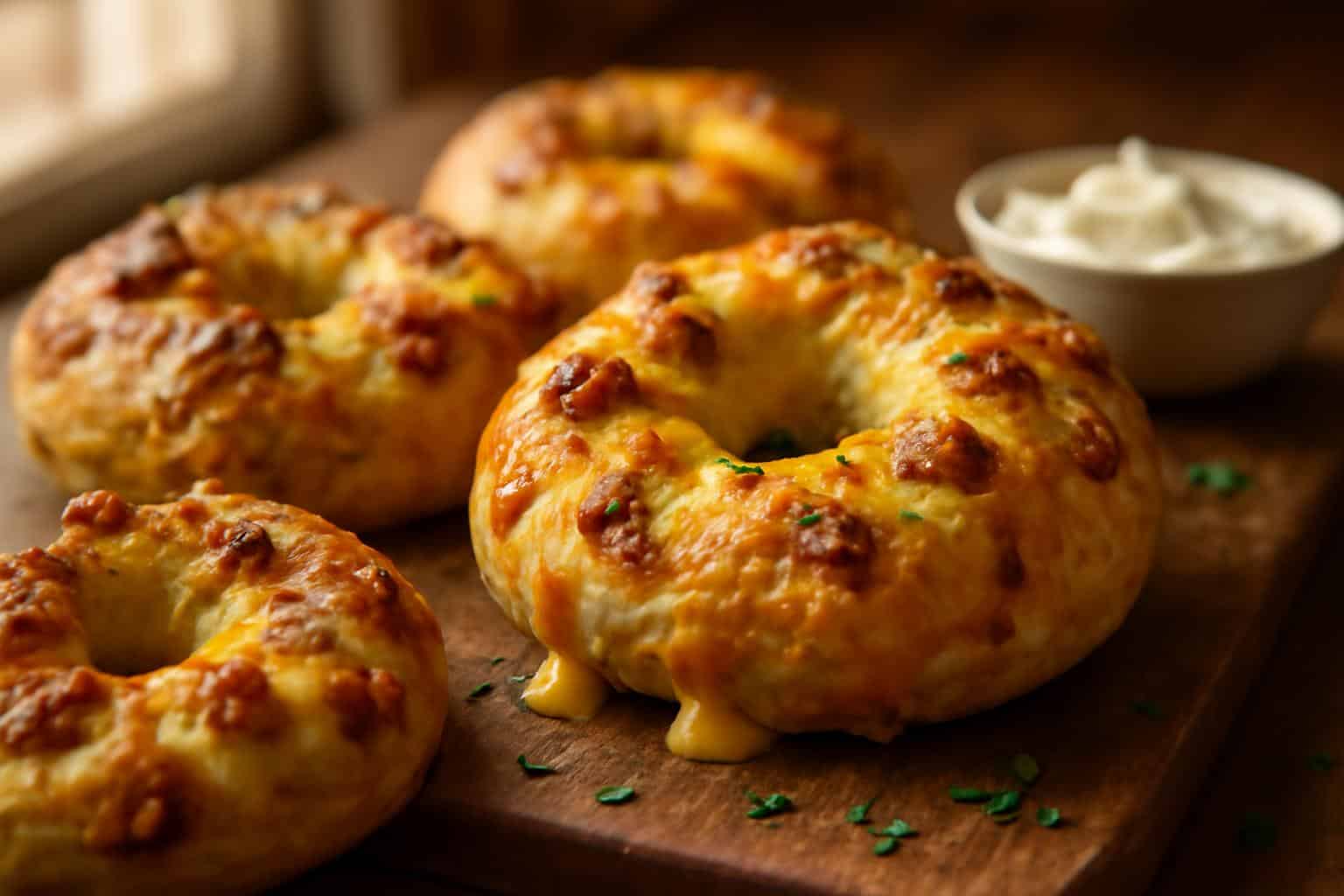 Freshly baked bacon cheddar bagels with melted cheddar and crispy bacon bacon cheddar bagels